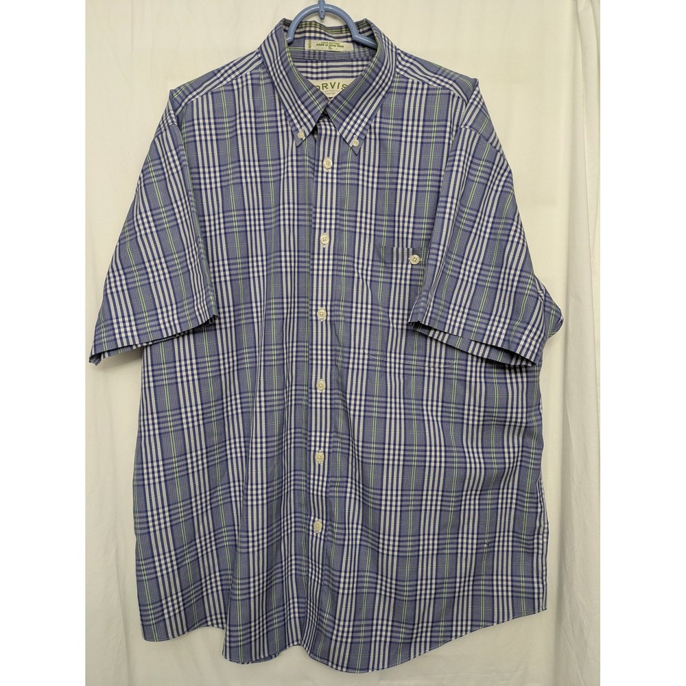 Orvis Mens XL Blue Green Plaid Short Sleeve Button Down Cotton Shirt